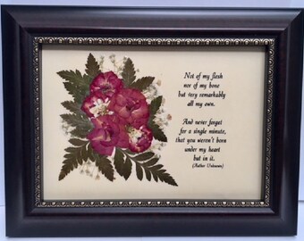 Adopted Child  with Real Pressed Flowers in a Burgundy/Gold Trim 5 x 7 Rectangular Frame