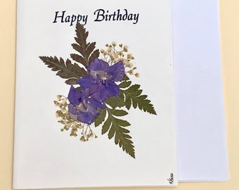 Happy Birthday Card with Real Pressed Flowers and a White Envelope