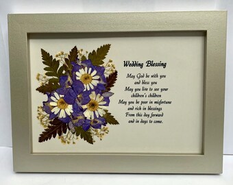 Wedding Blessing with Real Pressed Flowers In a Silver Wood 5 x 7 Rectangular Frame