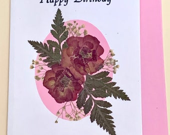 Happy Birthday Card with Real Pressed Flowers/Pink Oval and Roses with White Envelope