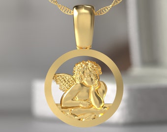 14k Gold Angel Necklace, Angel Charm Gifts for Her, Cross Pendant Protection Necklace, Guardian Angel Necklace Religious Gift for valentines