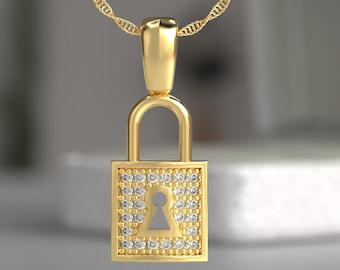 14k Diamond Padlock Necklace, Gold Lock Charm Necklace, 14k Diamond Necklace, Gold Lock Charm, Holiday Gift, Gift for Her Lock Necklace gift