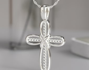 Collier croix infini diamants en or blanc 14 carats pour femme, pendentif foi chrétienne, bijoux religieux, cadeau pour elle, collier religieux en pierre