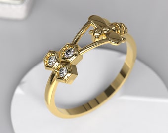 925 sterlingzilveren ring bij en honingraat, gouden bijring, ring honingraat, ring honingraat met bij, ring honingbij, ring bijenkorf