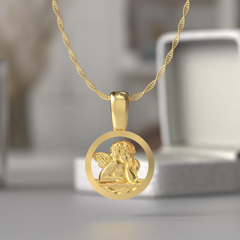 14k Real Solid Gold Angel Necklace, Angel Charm Gifts for Her Cross Pendant Protection Necklace, Guardian Angel Necklace Religious Gifts