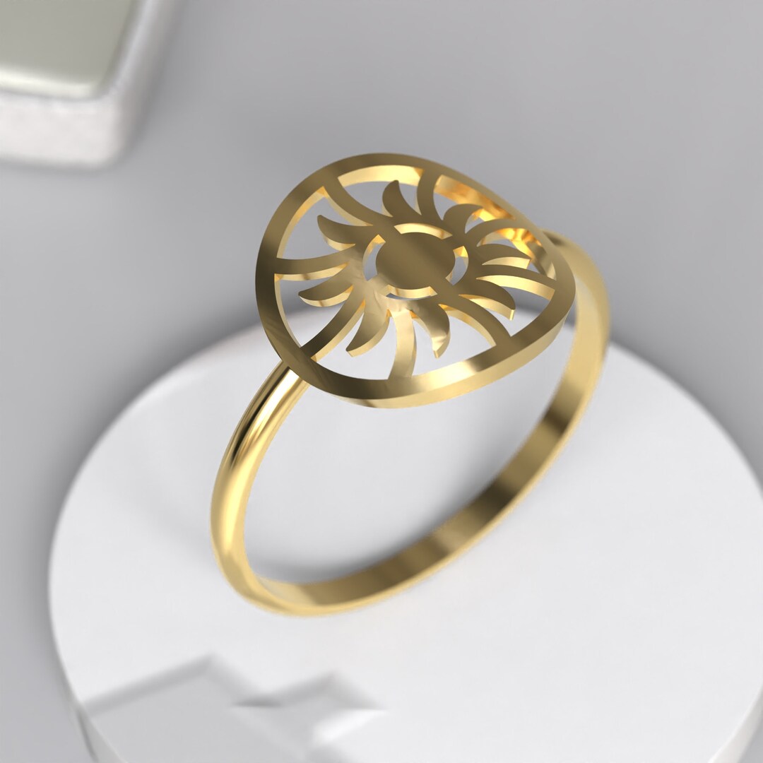 14k Gold Sunshine Ring, Solid Gold Sun Stacking Ring, Womens Sunburst ...