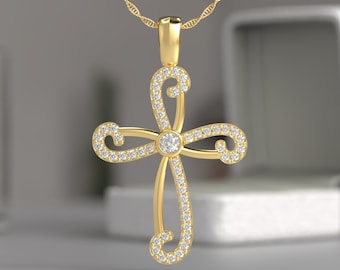 Diamanten kruisketting in 14k goud voor vrouwen, vintage kruisketting, religieuze ketting, gouden geloofsketting, Valentijnsdagcadeau voor haar