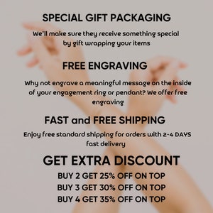 Peut inclure: Un graphique avec le texte "SPECIAL GIFT PACKAGING" et "FREE ENGRAVING". Le texte "Why not engrave a meaningful message on the inside of your engagement ring or pendant? We offer free engraving" est &eacute;galement inclus. Le graphique comprend &eacute;galement le texte "FAST and FREE SHIPPING" et "Enjoy free standard shipping for orders with 2-4 DAYS fast delivery". Le graphique comprend &eacute;galement le texte "GET EXTRA DISCOUNT" et le texte "BUY 2 GET 25% OFF ON TOP", "BUY 3 GET 30% OFF ON TOP", et "BUY 4 GET 35% OFF ON TOP".
