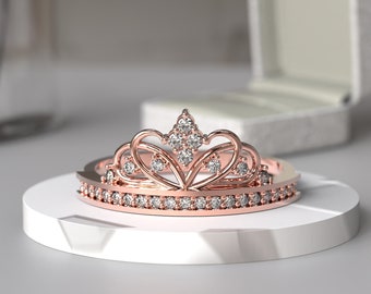 14K Rose Gold Ring, Queen Ring 925 Sterling Silver Crown Ring