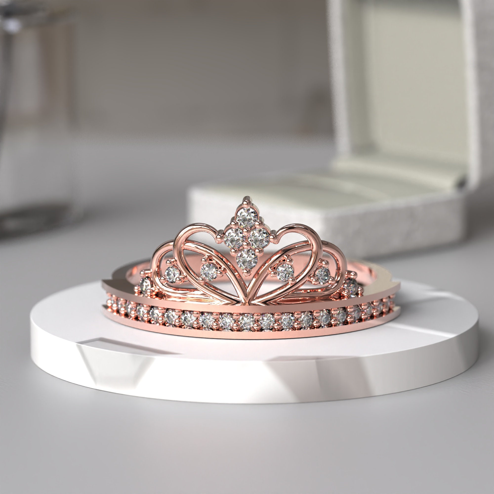 14K Rose Gold Ring, Queen Ring 925 Sterling Silver Crown Ring 