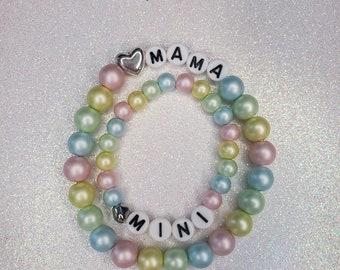 NEW!!! MaMa/Mini Pastel Glass Beaded Bracelet Set, Personalized Bracelets, Name Bracelet, Word Beads Bracelet, Spring Bracelets (Y)