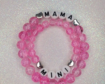 NEW!!! MaMa/Mini Heart Bracelet Set, Personalized Pink Bracelets, Name Bracelet, Word Beads Bracelet, Spring Bracelets (W)