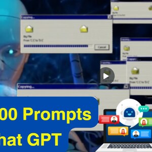 May include: A digital graphic featuring a blue-toned robotic figure in the background with multiple overlapping computer file transfer windows. A laptop displays a chat interface with icons, and text reads 200,000 Prompts Chat GPT. Social media icons are visible.