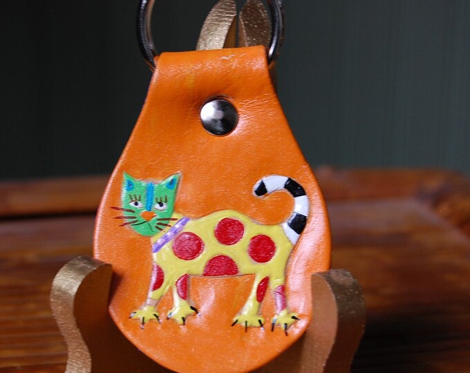 Polka Dotted Cat Leather Key Fob
