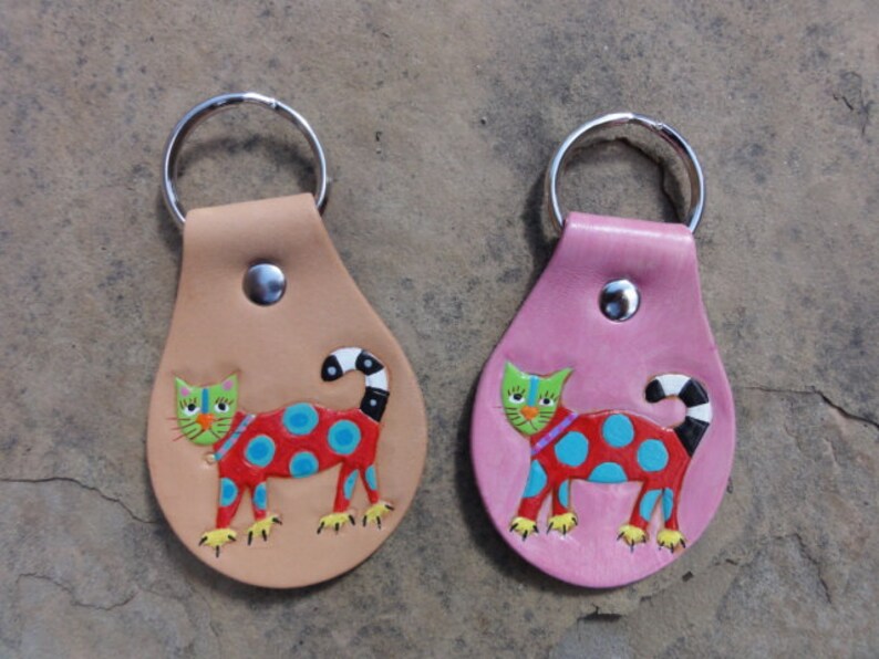 Polka Dotted Cat Leather Key Fob