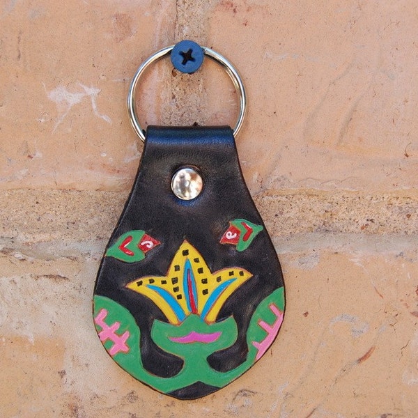 Leather Key Fob with Yellow Mola Flower Design