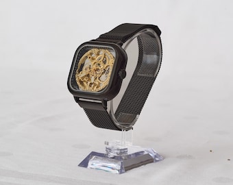 Automatisch horloge met vierkant skelet, mechanisch roestvrijstalen horloge, cadeau voor heren