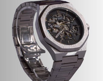 Skelethorloge voor heren, automatisch mechanisch horloge, zilveren luxe horloge, uniek verjaardagscadeau voor hem, mechanisch horloge, horloge zilver