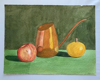 Original Antique Vintage Watercolor Artwork of Copper Watering Can Still Life from 1970s