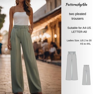 two pleated trousers Sewing Pattern, Palazzo pants, Wide leg pants, Sizes; US 2 to 30-Suitable for -A4-US LETTER-A0