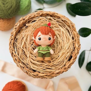 May include: A small crocheted doll featuring orange hair, a green tunic, and a matching green cap with a red feather. The doll has black safety eyes and is positioned inside a round, woven basket filled with light-colored straw-like material.