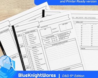DnD 5e Początkujący Przyjazny Arkusz Postaci: Wypełnialny PDF Zgodny z Dungeons and Dragons 5th Edition - BlueKnightWares