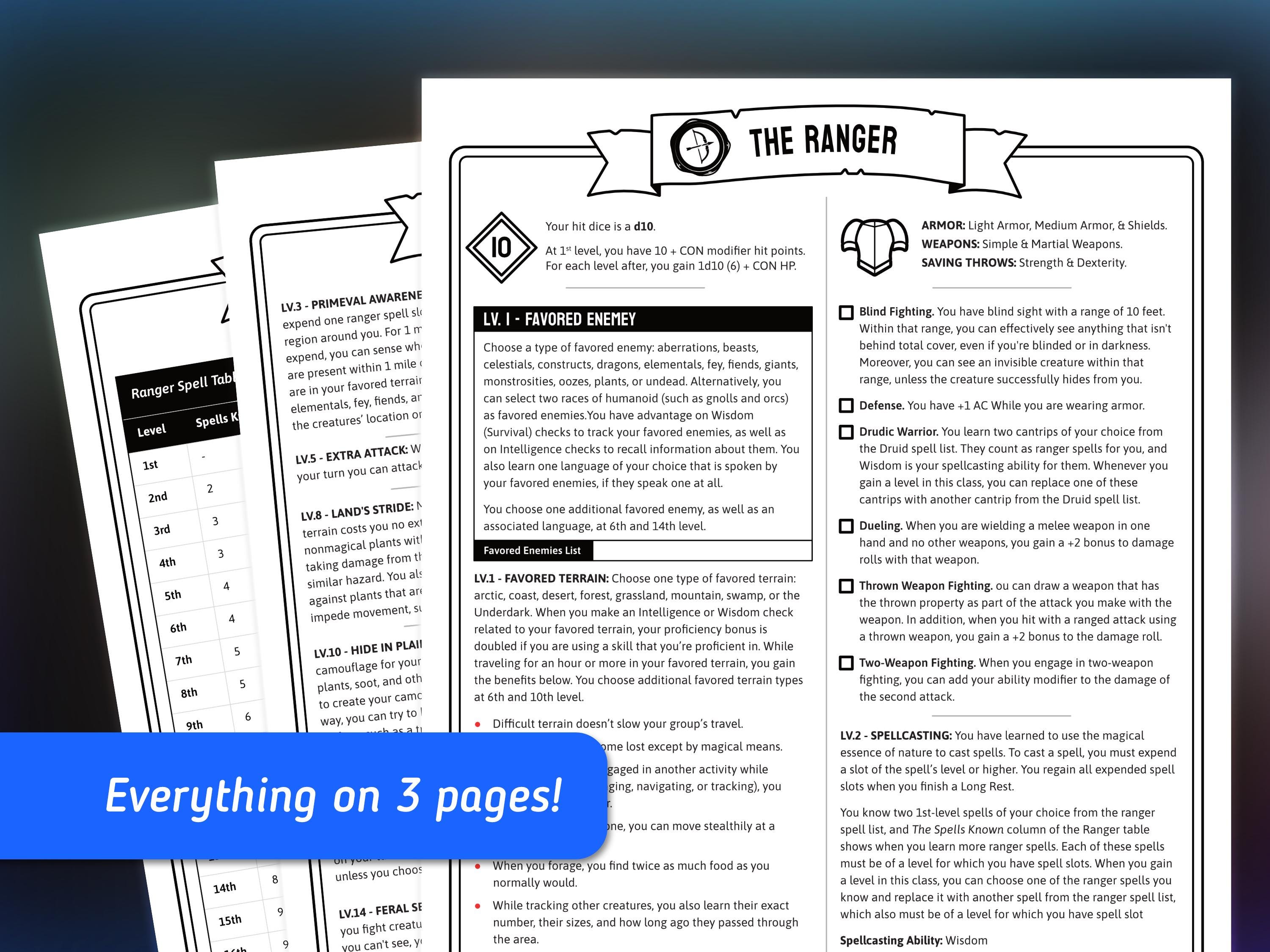D&D 5e Ranger Class Reference Sheet: Fillable PDF - Etsy