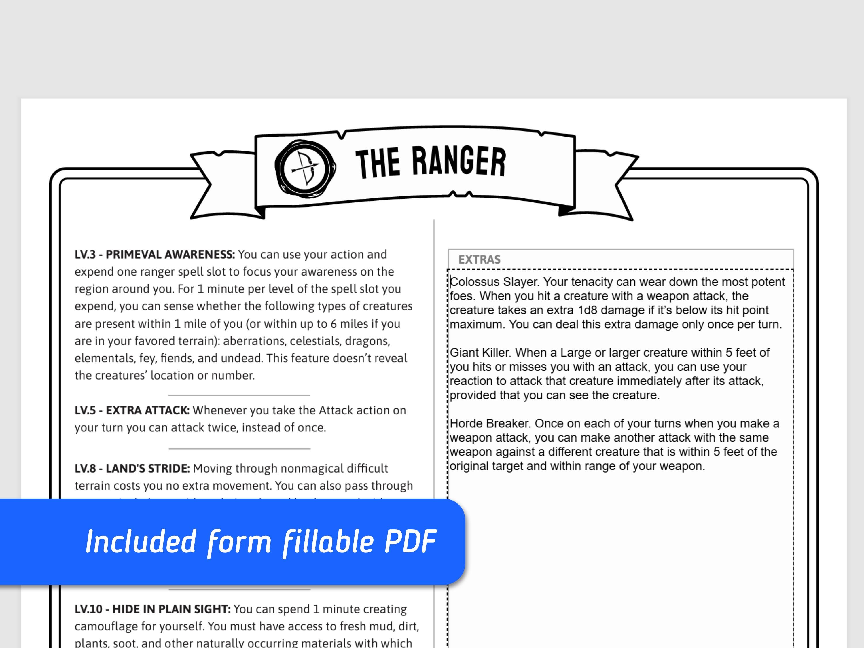 D&D 5e Ranger Class Reference Sheet: Fillable PDF - Etsy