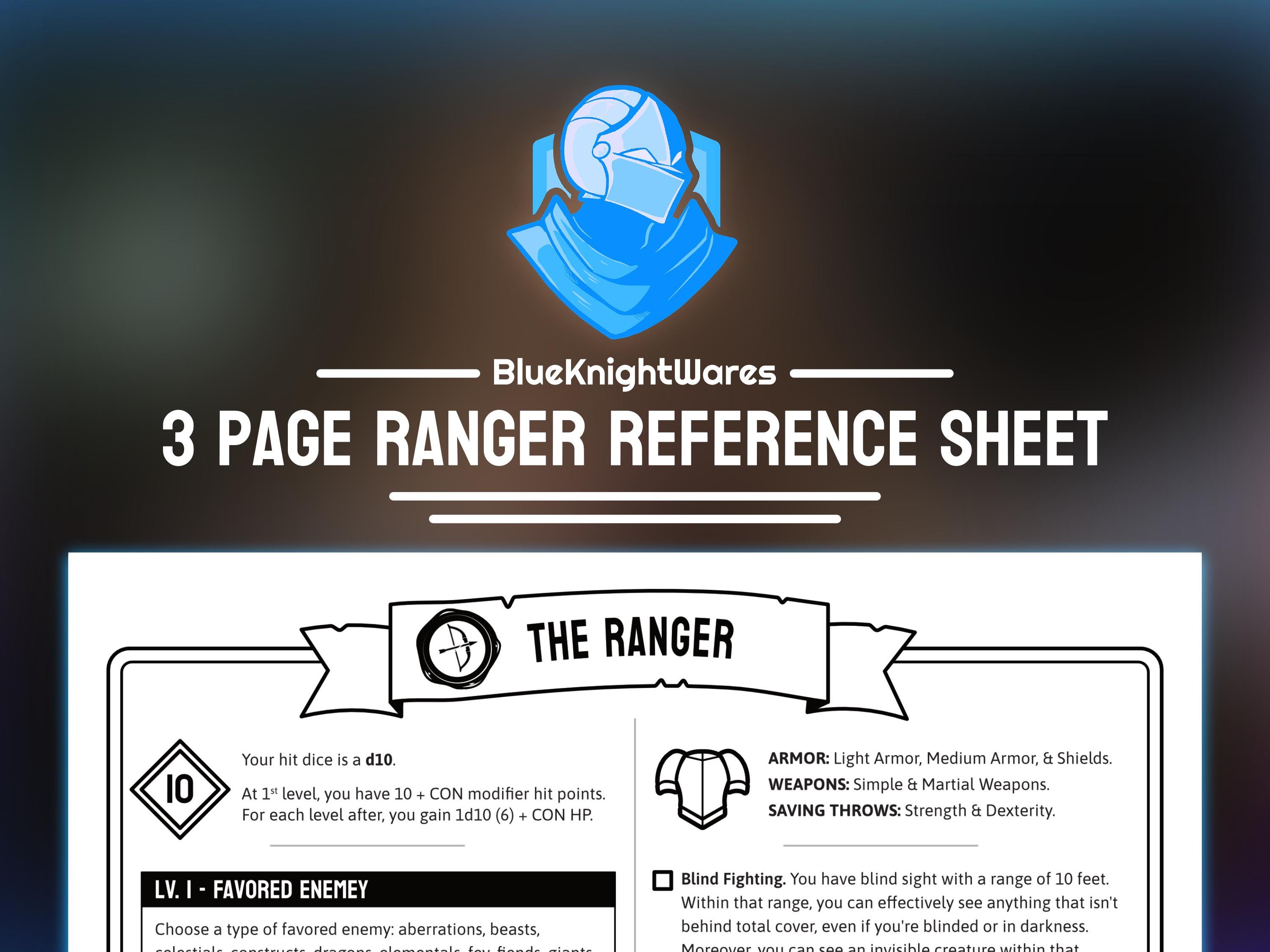 D&D 5e Ranger Class Reference Sheet: Fillable PDF - Etsy