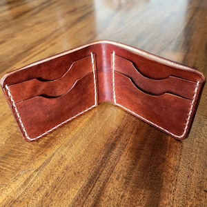 Men's Full-Grain Leather Bi-Fold Wallet, Mahogany Red Wallet, Hand-Stitched Leather Wallet, Gifts For Him