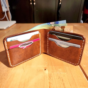 Men's Full-Grain Leather Wallet, Four Card Slots and Bill Slot, Hand-Stitched, Bi-Fold