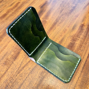 Men's Leather Wallet In Olive Green, Full Grain Vegetable Tanned Leather, Hand-Stitched Bi-Fold Wallet, Gifts For Him