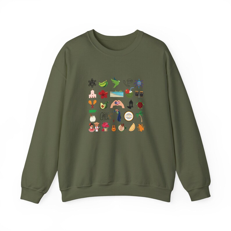 Lieferzeit 2-4 Werktage in der Serie Puero Rico Kultur Unisex Sweatshirt mit Rundhalsausschnitt Schwere Mischung mit Boricua Symbolen Military Green