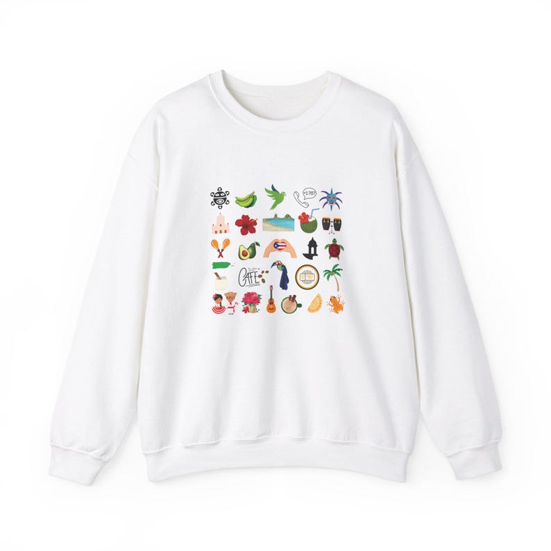 Lieferzeit 2-4 Werktage in der Serie Puero Rico Kultur Unisex Sweatshirt mit Rundhalsausschnitt Schwere Mischung mit Boricua Symbolen White
