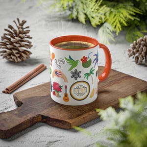 Puerto Rico Culture Mugs 11oz Colorful Taino Flag, Boricua Symbols Custom Colored Handle and Interior Perfect Gift for Puerto Rico Lovers