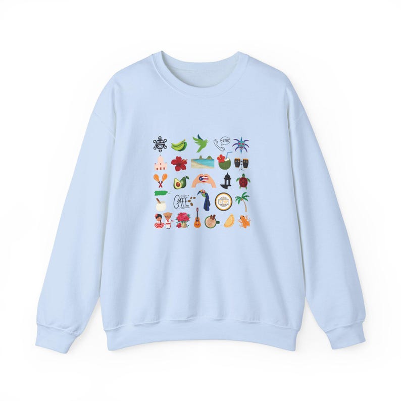 Lieferzeit 2-4 Werktage in der Serie Puero Rico Kultur Unisex Sweatshirt mit Rundhalsausschnitt Schwere Mischung mit Boricua Symbolen Light Blue