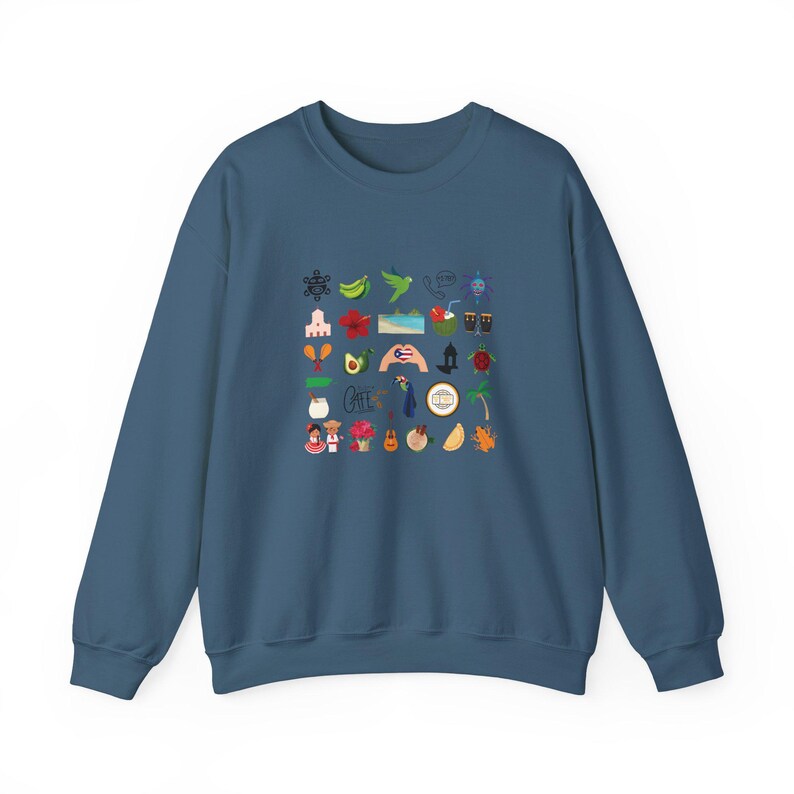 Lieferzeit 2-4 Werktage in der Serie Puero Rico Kultur Unisex Sweatshirt mit Rundhalsausschnitt Schwere Mischung mit Boricua Symbolen Indigo Blue