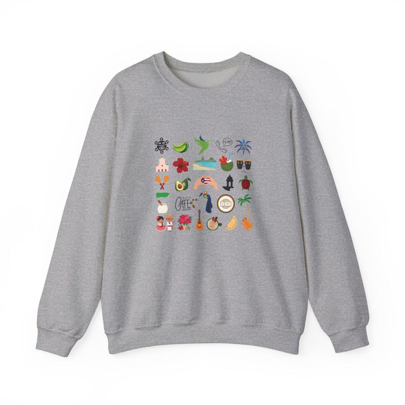 Lieferzeit 2-4 Werktage in der Serie Puero Rico Kultur Unisex Sweatshirt mit Rundhalsausschnitt Schwere Mischung mit Boricua Symbolen Sport Grey