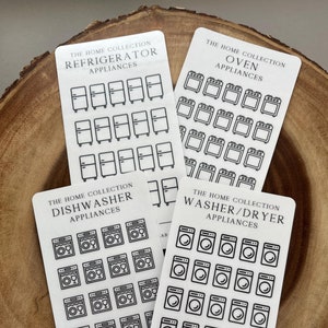 May include: Four sheets of clear sticker paper with black outlines of various household appliances. The sheets are labeled "The Home Collection" and include icons for refrigerators, ovens, dishwashers, and washer/dryers.