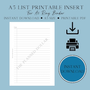 Printable A5 Planner Insert | List Insert | A5 | Digital Download | A5 Planner | A5 Ring Binder
