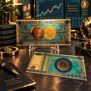 Może przedstawiać: Dekoracyjny prostokątny banknot z napisem ONE HUNDRED BITCOIN, złotymi i turkusowymi zdobieniami, centralnym okrągłym emblematem Bitcoin oraz liczbą 100. Projekt zawiera skomplikowane obramowania i grafikę o metalicznym wyglądzie.