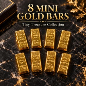 May include: Eight rectangular gold bars arranged in two rows of four. Each bar is stamped with 999.9 FINE GOLD and NET WT 100g. The text 8 MINI GOLD BARS and Tiny Treasure Collection is displayed in gold lettering above the collection of bars.
