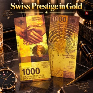 Puede incluir: Dos réplicas de billetes de 1000 de color dorado con el texto Swiss Prestige in Gold, Mille Francs, Mille Franchi, Tausend Franken y Banque Nationale Suisse. Los diseños incluyen un apretón de manos, un globo terráqueo y líneas.