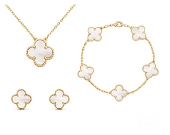 Set di gioielli di alta qualità con trifoglio a quattro foglie, bracciale in oro 18 carati / argento placcato, collana, orecchini, Alhambra, madreperla, VCA, regalo Van Cleef