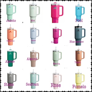 May include: A collection of 12 insulated tumblers with various colors and names, including Jadeite, Mist, Passion Pink, Pool, Nectarine, Glacier, Fucsia, Blue Spruce, Almond, Alpine, Teast, Matcha, Stone, Seafoam, Rose, and Pomelo.