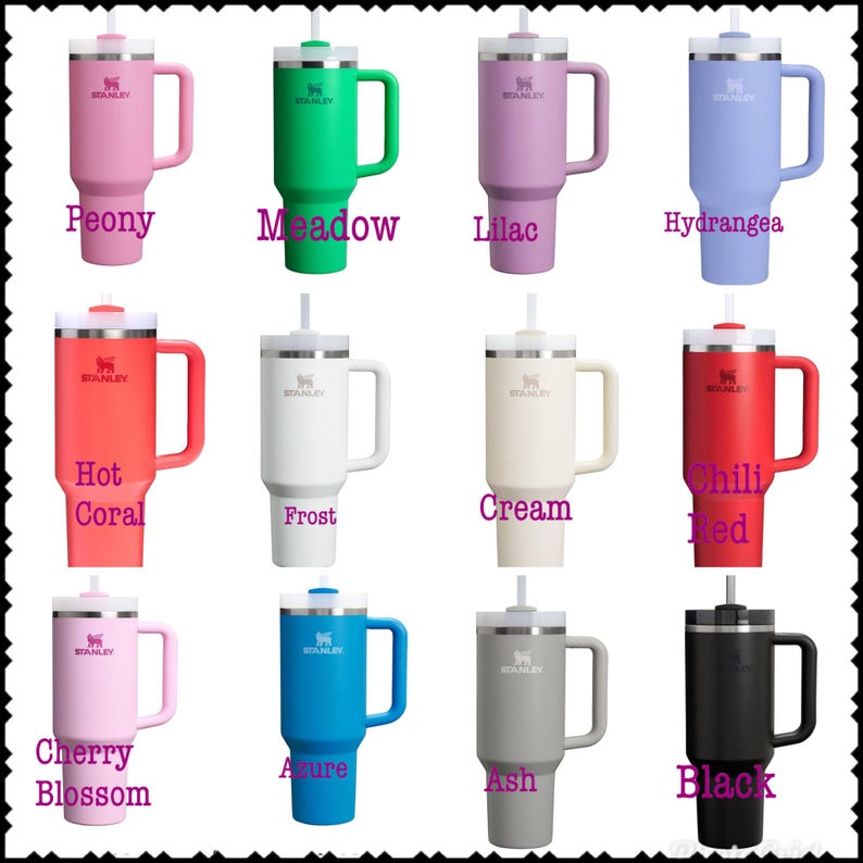 May include: Twelve different colors of stainless steel travel mugs with a handle and a straw. The mugs are labeled with the color names: Peony, Meadow, Lilac, Hydrangea, Hot Coral, Frost, Cream, Chili Red, Cherry Blossom, Azure, Ash, and Black.
