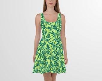 SKATERKLEID – Skaterkleid mit Cannabis-Print, ärmelloses Tanktop für Damen über dem Knie, ausgestelltes Kleid, Partykleid für Frühling, Sommer und Herbst, für jeden Anlass