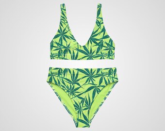 BIKINI-SET – Bikini-Set mit Cannabis-Print, hoher Taille, Damen-Bademode mit mittlerer Abdeckung und Sonnenschutz für Strandurlaub, Poolparty
