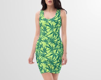 BODYCON DRESS - Cannabis Print Ärmelloses, figurbetontes Kleid Damen Cocktailkleid Party Minikleid für Frühling Sommer Herbst All-Occasion