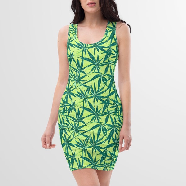 BODYCON DRESS - Cannabis Print Sleeveless Bodycon Dress Womens Fitted Cocktail Dress Party Mini Dress for Spring Summer Fall All-occasion